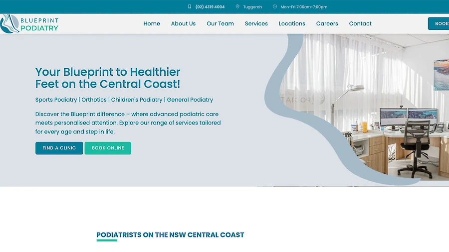 Blueprint Podiatry website homepage featuring practitioner-led healthcare content and online booking
