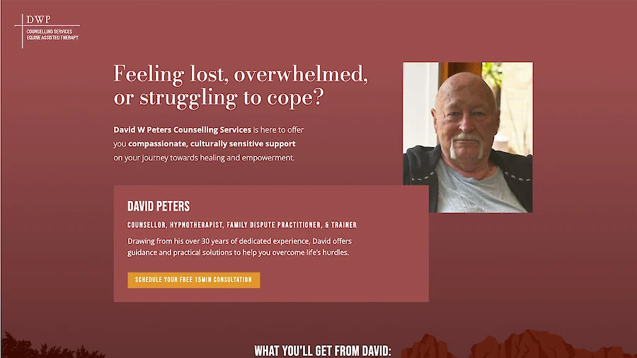 DAVID PETERS Counsellor, Hypnotherapist, Family Dispute Practitioner, & Trainer draws from his over 30 years of dedicated experience, to offer guidance and practical solutions to help clients overcome life’s hurdles.