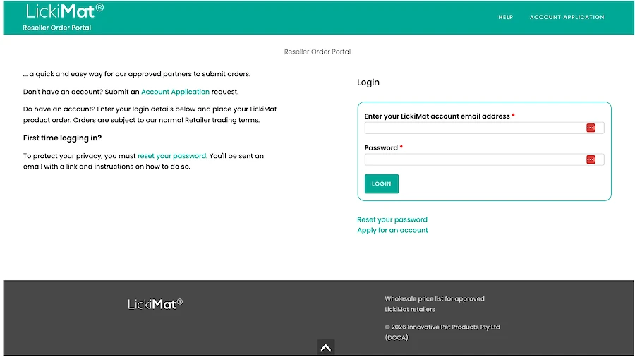 LickiMat reseller portal login screen to wholesale ordering and account management tools