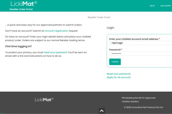 LickiMat reseller portal login screen to wholesale ordering and account management tools