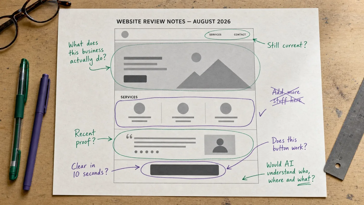 Printed small-business homepage marked with handwritten questions about current content, services and calls to action.