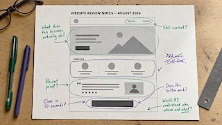 Printed small-business homepage marked with handwritten questions about current content, services and calls to action.
