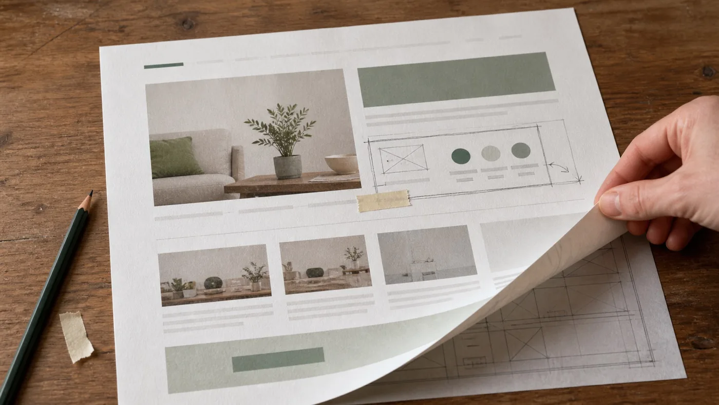 A printed website with a careful paper repair and one corner lifted to reveal its underlying layout structure.