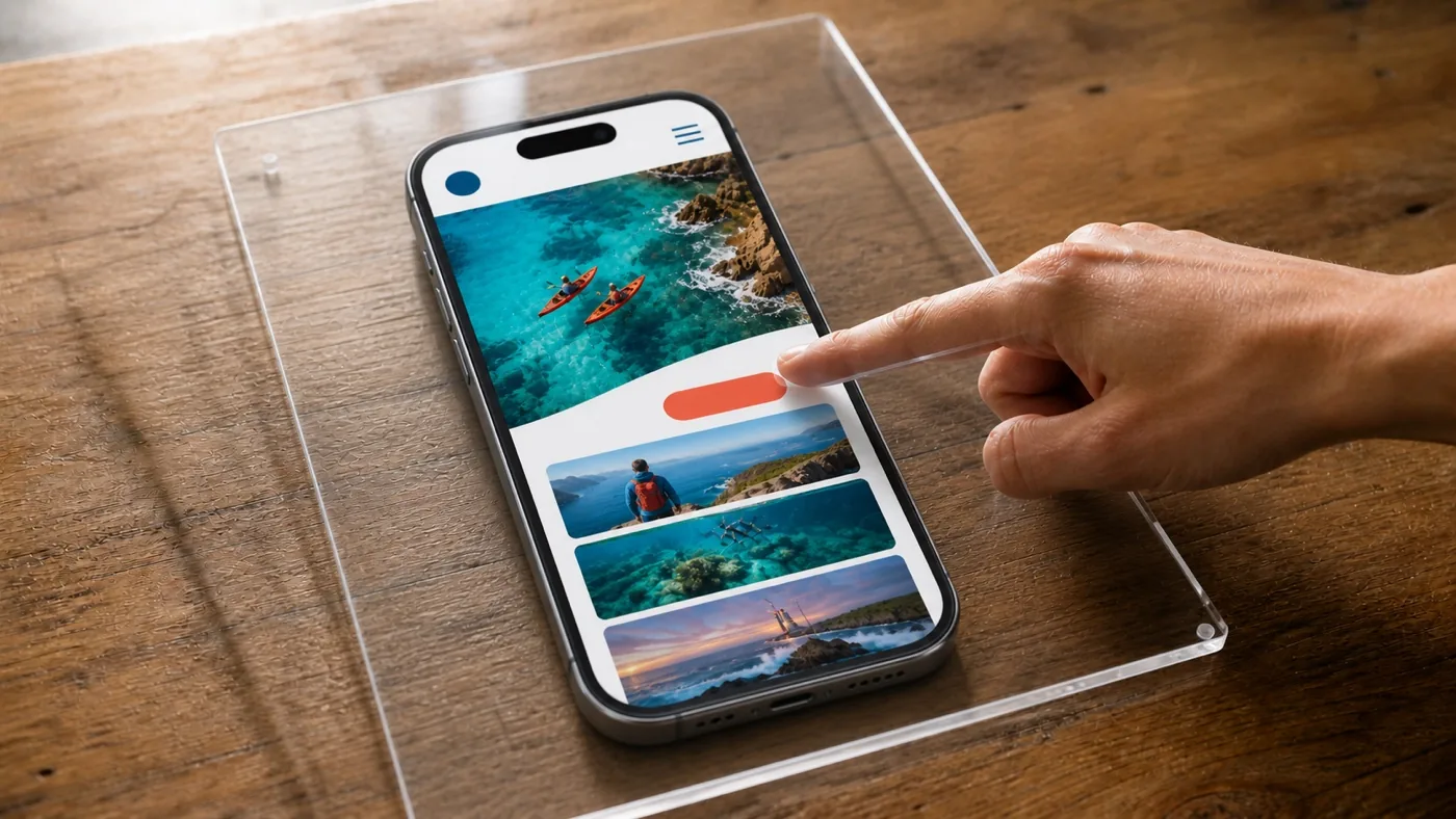 A hand tries to tap a button on a mobile website, but a clear acrylic sheet blocks access to the phone.