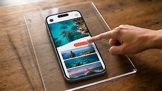 A hand tries to tap a button on a mobile website, but a clear acrylic sheet blocks access to the phone.