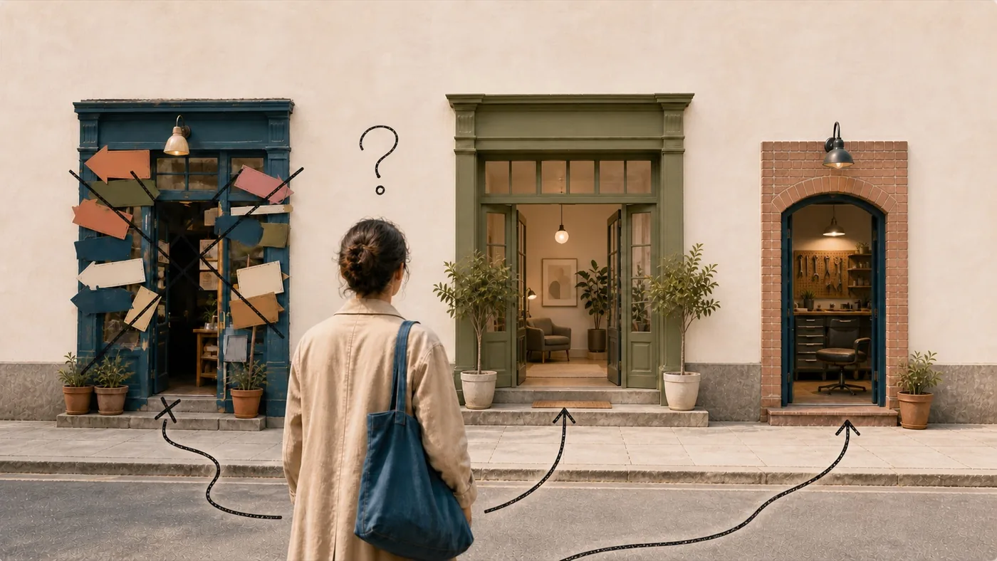 A visitor evaluates three business entrances: one cluttered with competing signs and two clear, focused options.