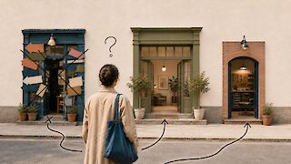 A visitor evaluates three business entrances: one cluttered with competing signs and two clear, focused options.