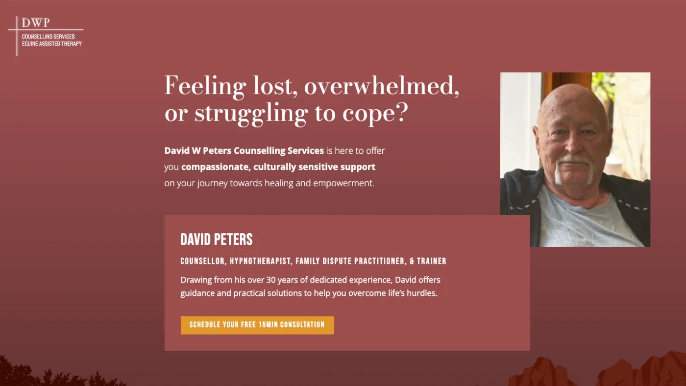 Screenshot of David W Peters Counselling Services showing David's portrait, professional roles and consultation booking button.