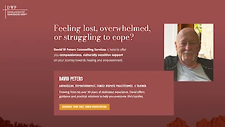 Screenshot of David W Peters Counselling Services showing David's portrait, professional roles and consultation booking button.
